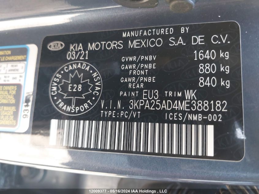 2021 Kia Rio 5-Door VIN: 3KPA25AD4ME388182 Lot: 12009377