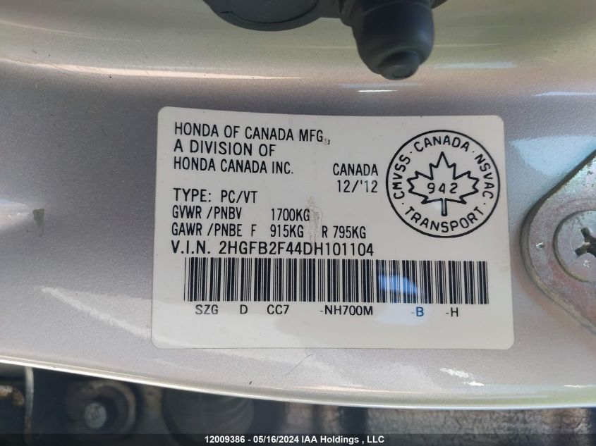 2013 Honda Civic VIN: 2HGFB2F44DH101104 Lot: 12009386