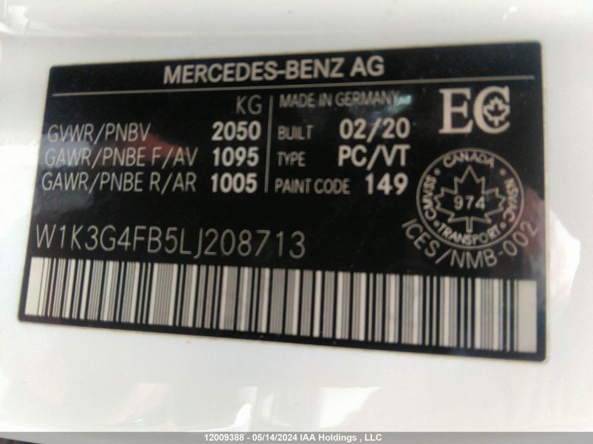 2020 Mercedes-Benz A-Class VIN: W1K3G4FB5LJ208713 Lot: 12009388