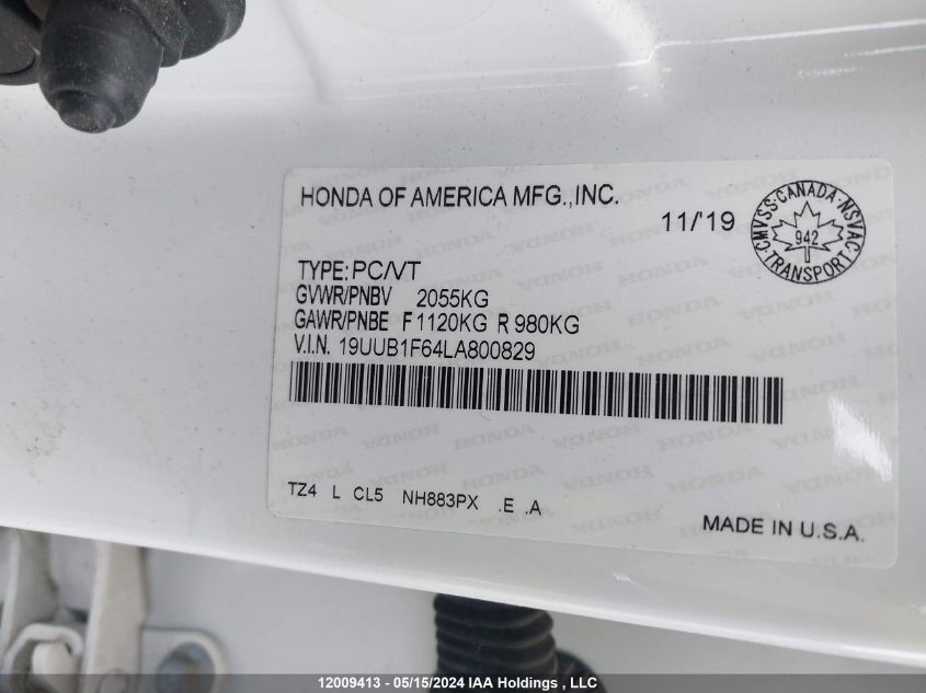 2020 Acura Tlx VIN: 19UUB1F64LA800829 Lot: 12009413