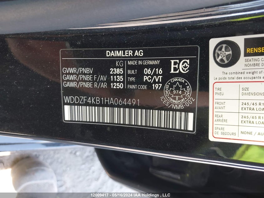 2017 Mercedes-Benz E-Class VIN: WDDZF4KB1HA064491 Lot: 12009417