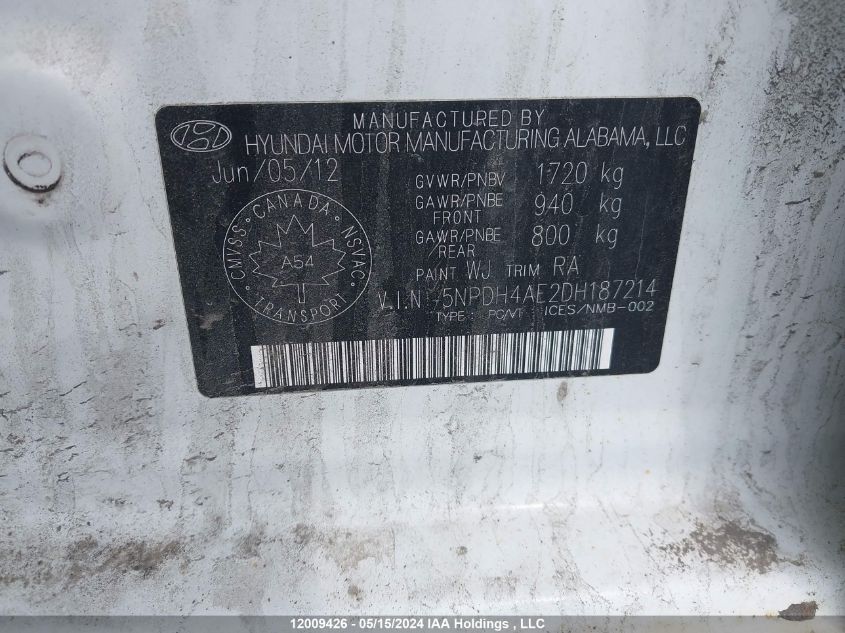 2013 Hyundai Elantra Gls VIN: 5NPDH4AE2DH187214 Lot: 12009426