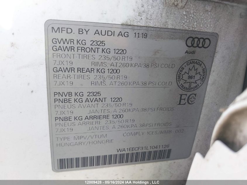 2020 Audi Q3 VIN: WA1EECF31L1041126 Lot: 12009428
