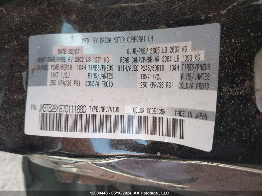 2007 Mazda Cx-9 VIN: JM3TB28Y870111880 Lot: 12009448