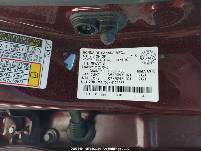 2015 Honda Cr-V VIN: 2HKRM4H56FH122537 Lot: 12009449