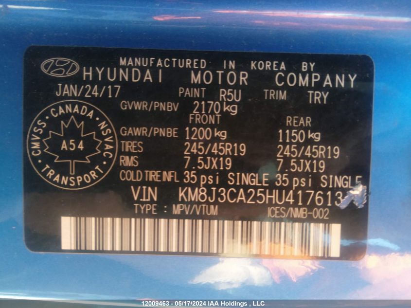 2017 Hyundai Tucson Ultimate VIN: KM8J3CA25HU417613 Lot: 12009463