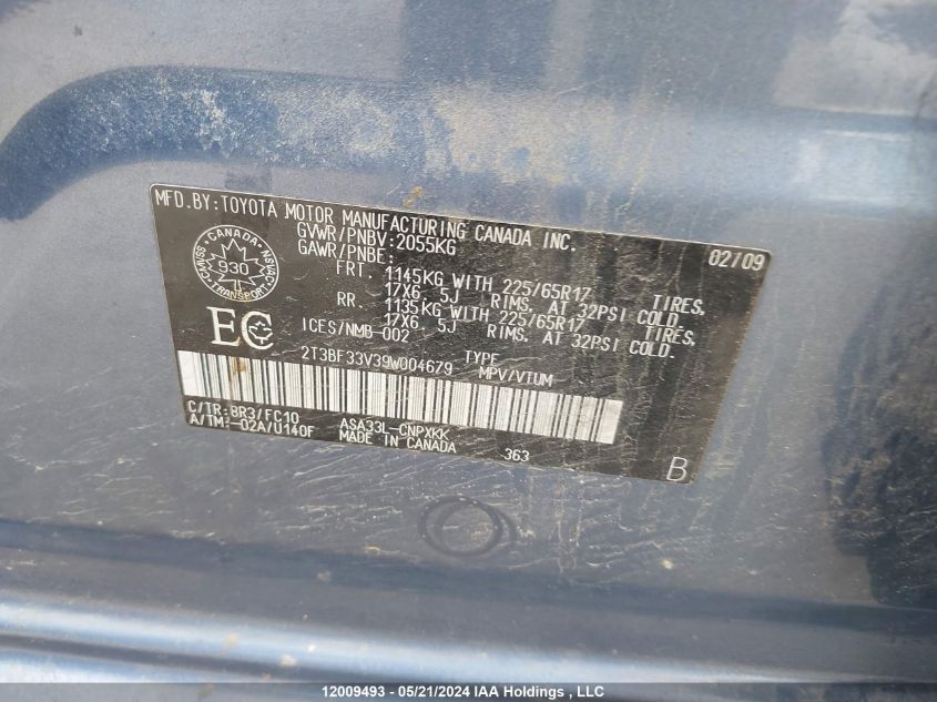 2009 Toyota Rav4 VIN: 2T3BF33V39W004679 Lot: 12009493