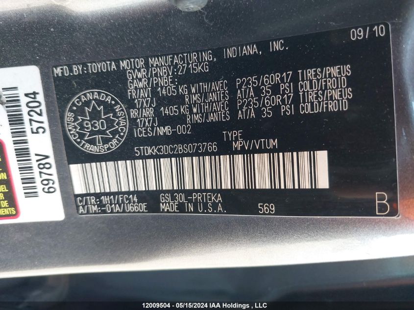 2011 Toyota Sienna Le 8 Passenger VIN: 5TDKK3DC2BS073766 Lot: 12009504