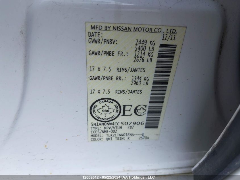 2012 Nissan Xterra VIN: 5N1AN0NW4CC507906 Lot: 12009512