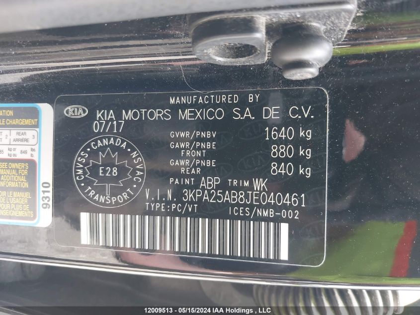 2018 Kia Rio 5-Door VIN: 3KPA25AB8JE040461 Lot: 12009513