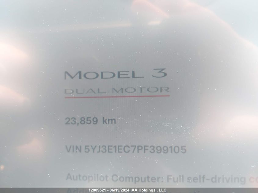 2023 Tesla Model 3 VIN: 5YJ3E1EC7PF399105 Lot: 12009521