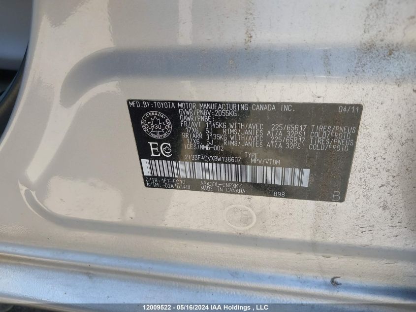 2011 Toyota Rav4 VIN: 2T3BF4DVXBW136607 Lot: 12009522