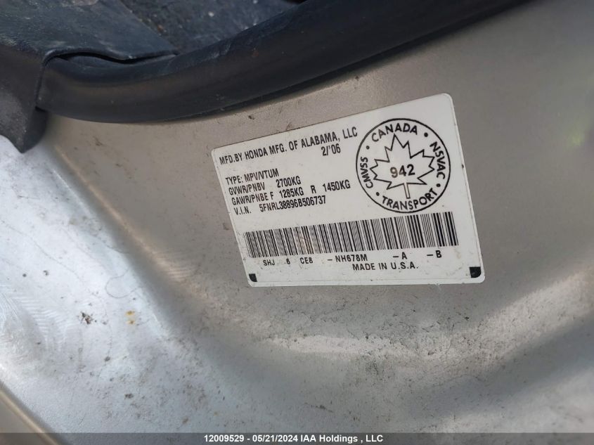 2006 Honda Odyssey VIN: 5FNRL38896B506737 Lot: 12009529