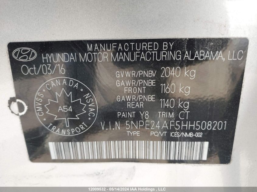 2017 Hyundai Sonata Se VIN: 5NPE24AF5HH508201 Lot: 12009532