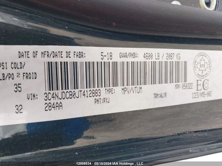 2018 Jeep Compass Limited VIN: 3C4NJDCB0JT412883 Lot: 12009534
