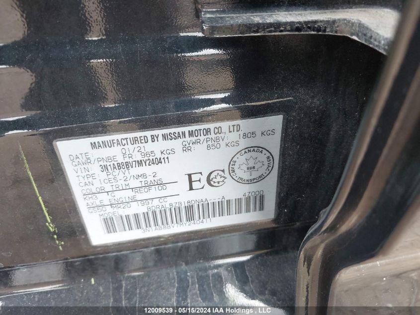 2021 Nissan Sentra VIN: 3N1AB8BV7MY240411 Lot: 12009539