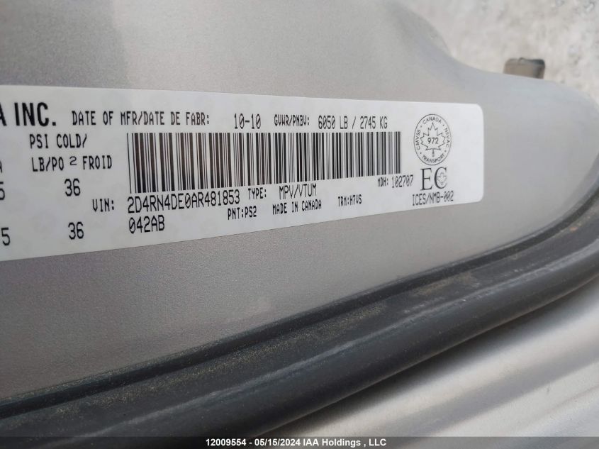 2010 Dodge Grand Caravan Se VIN: 2D4RN4DE0AR481853 Lot: 12009554