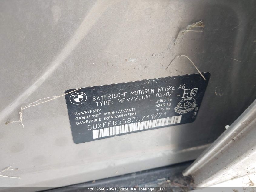 2007 BMW X5 4.8I VIN: 5UXFE83587LZ41771 Lot: 12009560