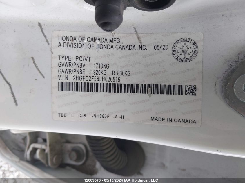 2020 Honda Civic Sedan VIN: 2HGFC2F58LH020515 Lot: 12009570