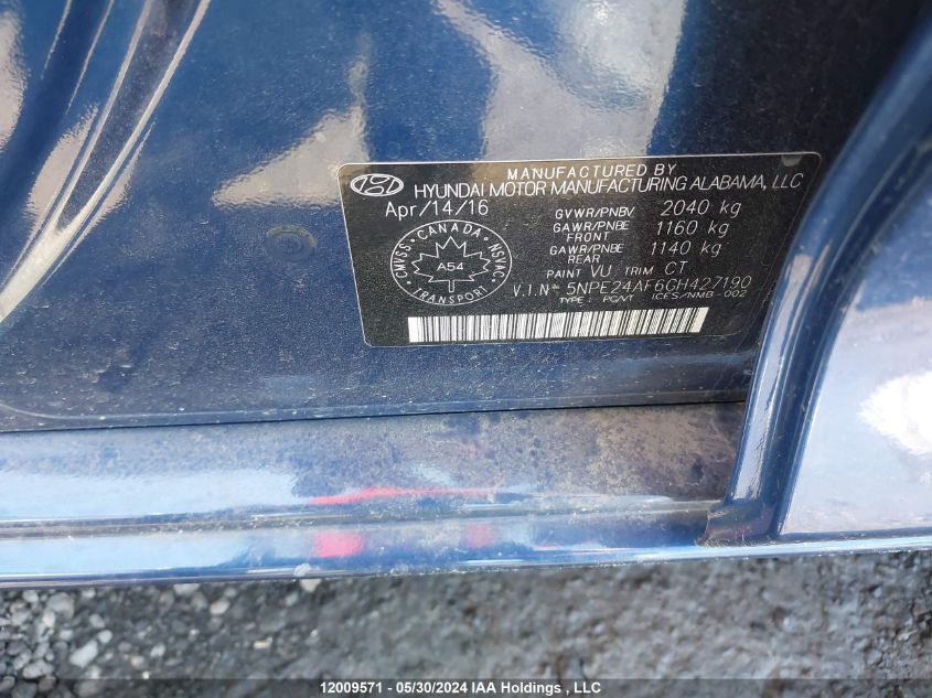 2016 Hyundai Sonata Se VIN: 5NPE24AF6GH427190 Lot: 12009571