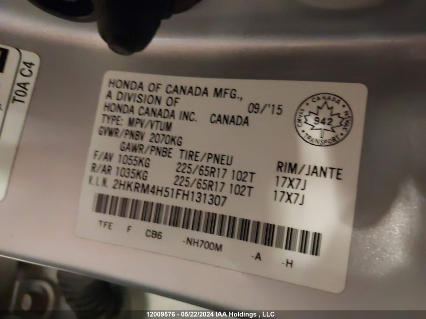 2015 Honda Cr-V VIN: 2HKRM4H51FH131307 Lot: 12009576