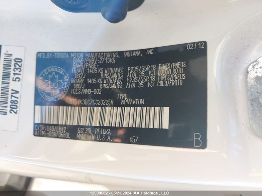 2012 Toyota Sienna Xle 7 Passenger VIN: 5TDYK3DC7CS232258 Lot: 12009582