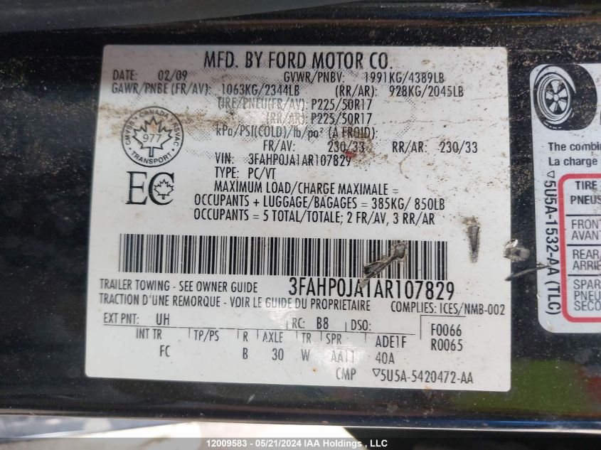 2010 Ford Fusion Sel VIN: 3FAHP0JA1AR107829 Lot: 12009583