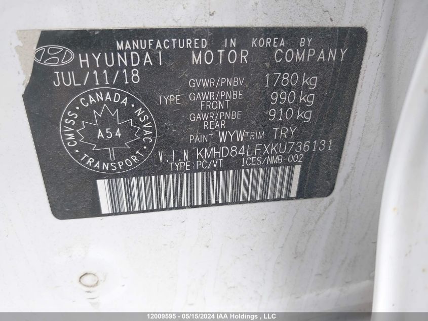 2019 Hyundai Elantra Preferred VIN: KMHD84LFXKU736131 Lot: 12009595