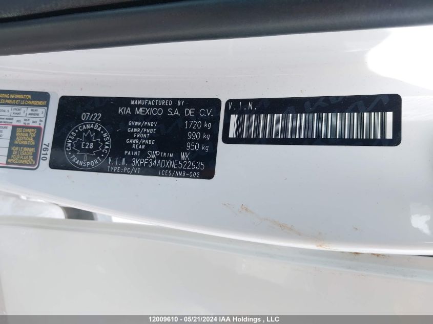 2022 Kia Forte VIN: 3KPF34ADXNE522935 Lot: 12009610