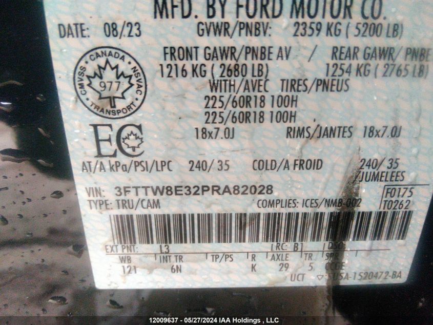 2023 Ford Maverick Lariat VIN: 3FTTW8E32PRA82028 Lot: 12009637