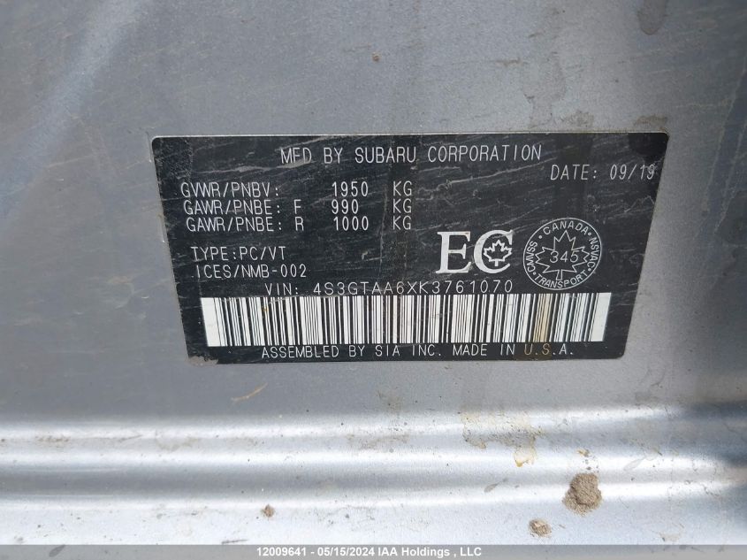 2019 Subaru Impreza VIN: 4S3GTAA6XK3761070 Lot: 12009641