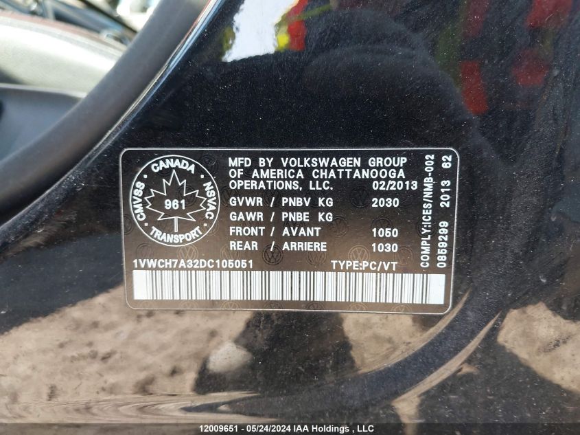 2013 Volkswagen Passat VIN: 1VWCH7A32DC105051 Lot: 12009651
