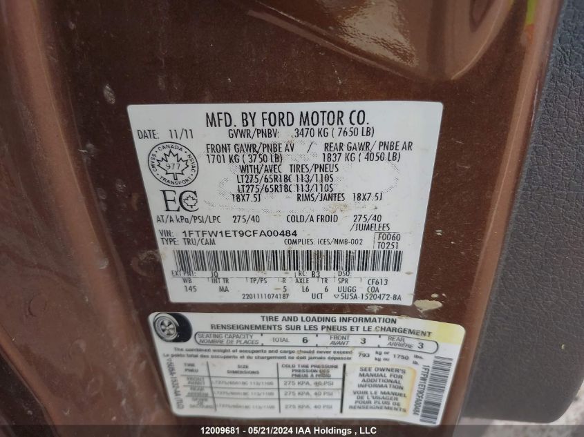 2012 Ford F150 Supercrew VIN: 1FTFW1ET9CFA00484 Lot: 12009681