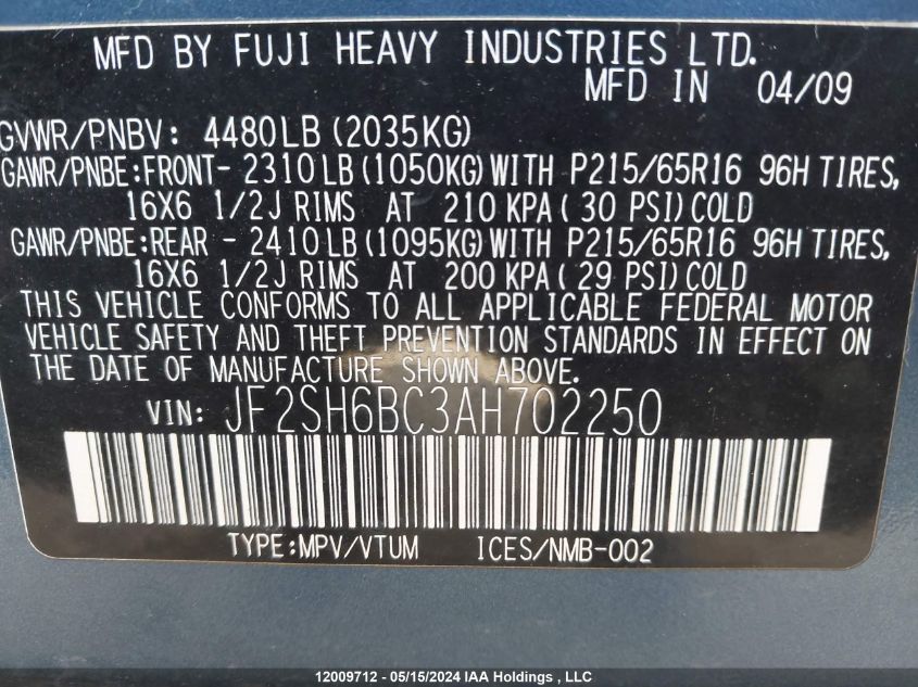 2010 Subaru Forester VIN: JF2SH6BC3AH702250 Lot: 12009712