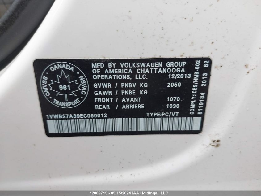 2014 Volkswagen Passat VIN: 1VWBS7A39EC060012 Lot: 12009715