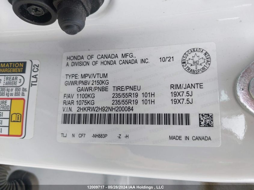 2022 Honda Cr-V VIN: 2HKRW2H92NH200084 Lot: 12009717