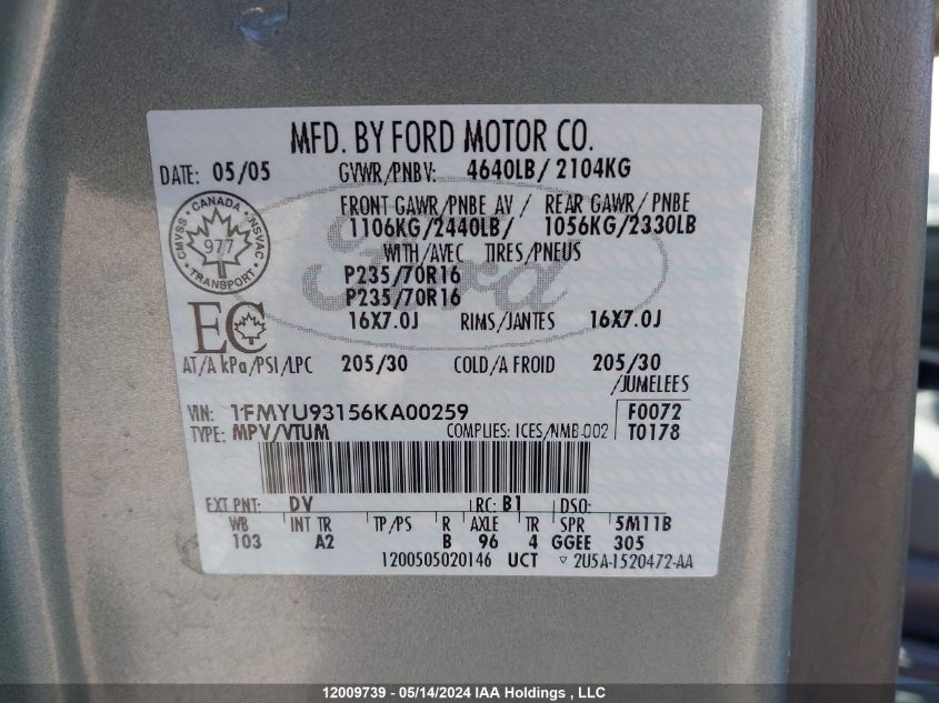 2006 Ford Escape Xlt VIN: 1FMYU93156KA00259 Lot: 12009739