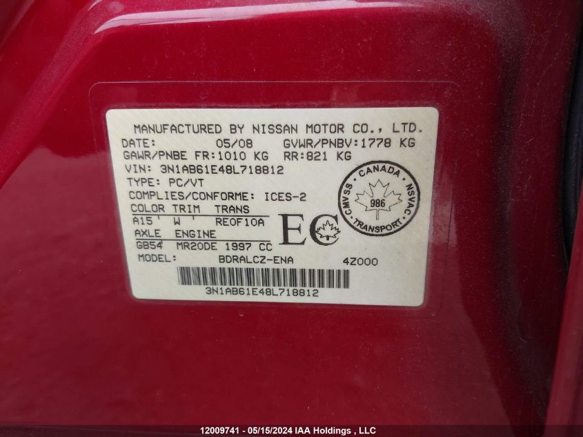 2008 Nissan Sentra 2.0/2.0S/2.0Sl VIN: 3N1AB61E48L718812 Lot: 12009741