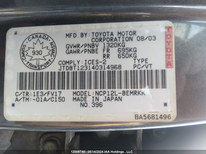 2004 Toyota Echo VIN: JTDBT123140314968 Lot: 12009748