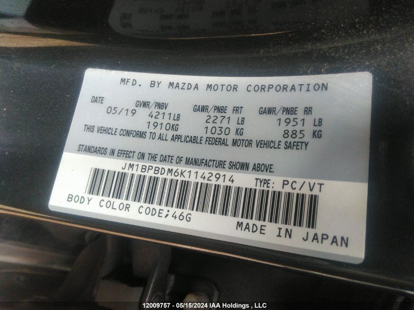 2019 Mazda 3 Preferred VIN: JM1BPBDM6K1142914 Lot: 12009757