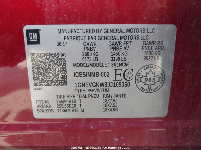 2018 Chevrolet Traverse VIN: 1GNEVGKW8JJ109360 Lot: 12009768