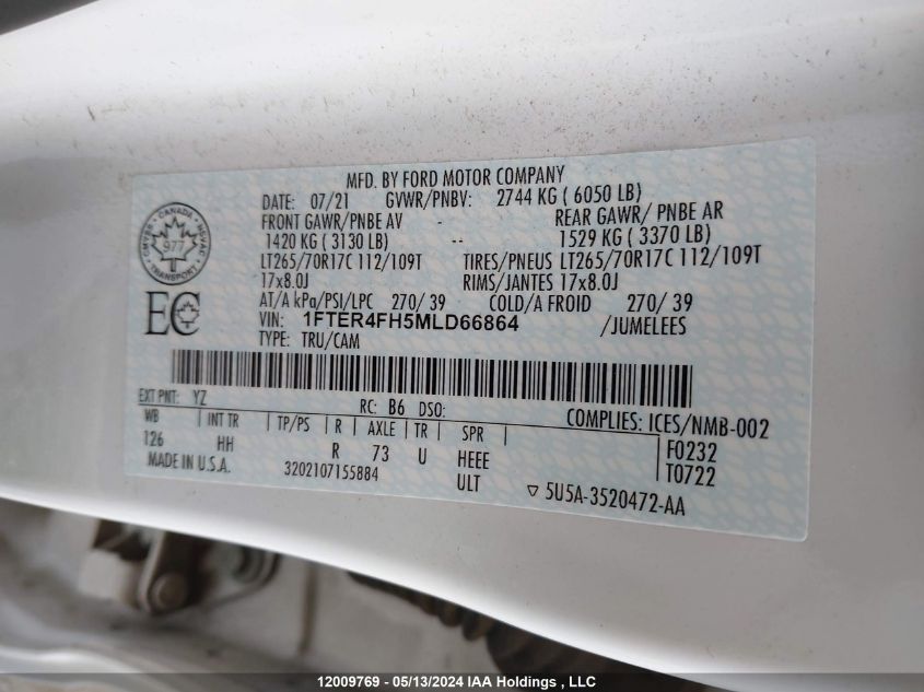 2021 Ford Ranger Xl/Xlt/Lariat VIN: 1FTER4FH5MLD66864 Lot: 12009769