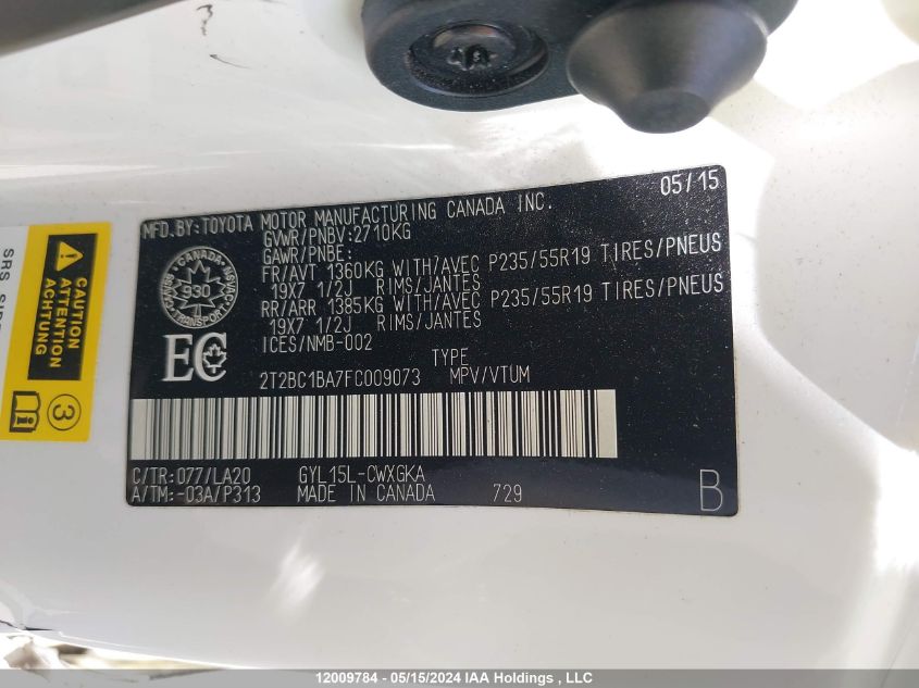 2015 Lexus Rx 450H Sportdesign VIN: 2T2BC1BA7FC009073 Lot: 12009784