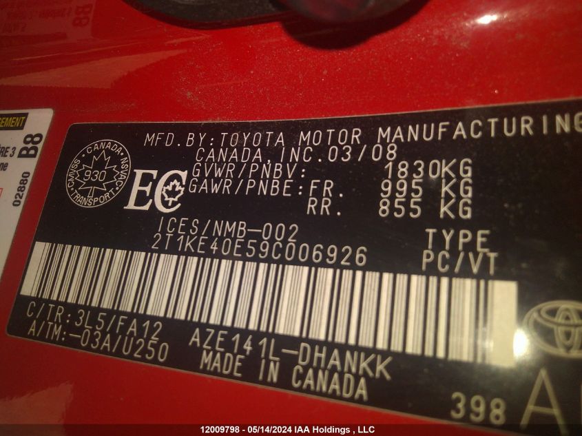 2009 Toyota Corolla Matrix S VIN: 2T1KE40E59C006926 Lot: 12009798