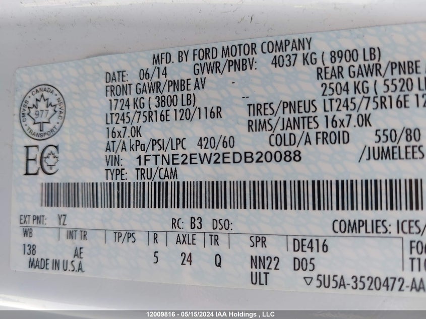 2014 Ford Econoline E250 Van VIN: 1FTNE2EW2EDB20088 Lot: 12009816