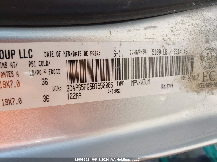 2011 Dodge Journey Sxt VIN: 3D4PG5FG5BT550086 Lot: 12009822