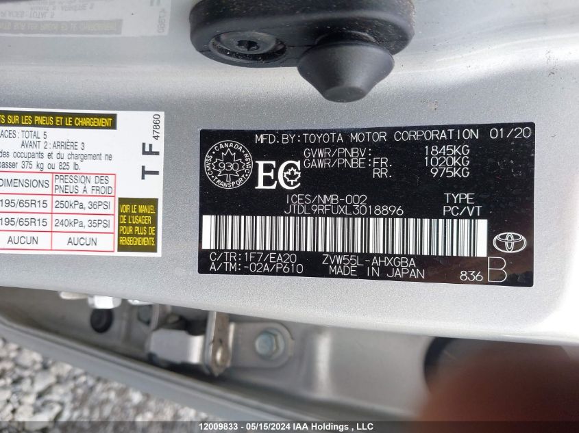 2020 Toyota Prius Le/Xle VIN: JTDL9RFUXL3018896 Lot: 12009833