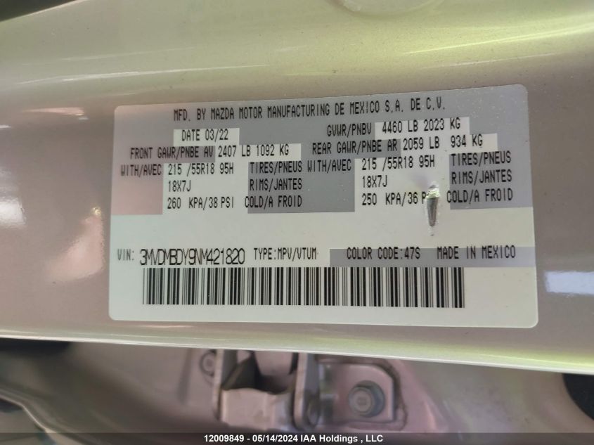 2022 Mazda Cx-30 Premium VIN: 3MVDMBDY9NM421820 Lot: 12009849
