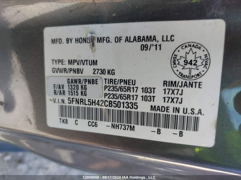 2012 Honda Odyssey VIN: 5FNRL5H42CB501335 Lot: 12009858