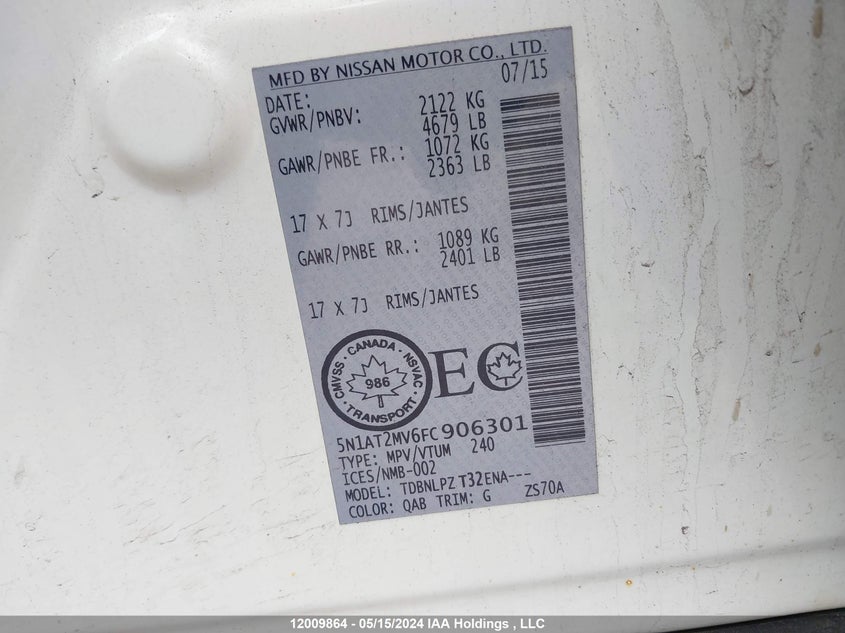 2015 Nissan Rogue VIN: 5N1AT2MV6FC906301 Lot: 12009864